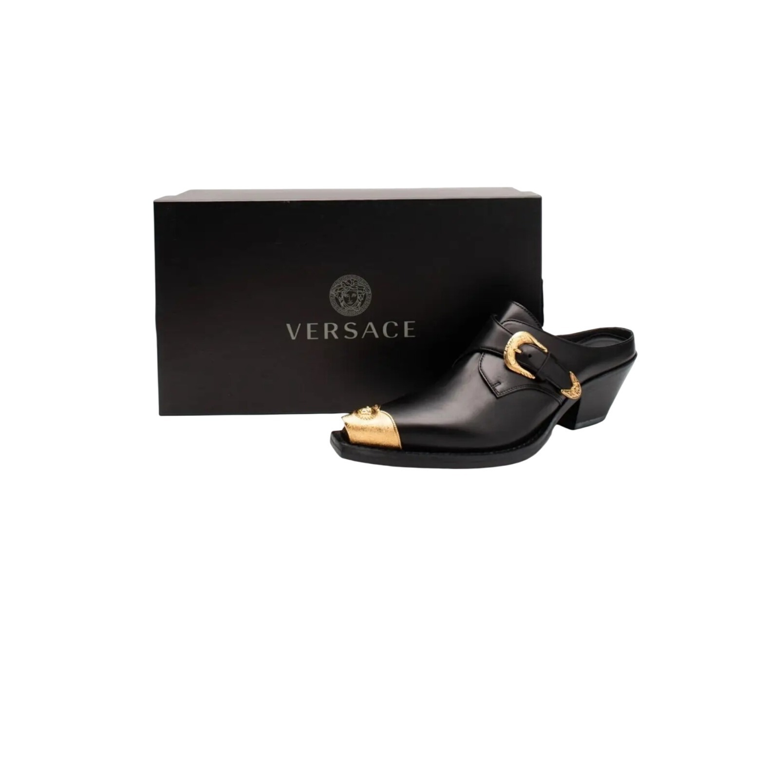 Versace Black Gold Leather Mules Heels Medusa Bucklel Women's 39.5 Eu New
